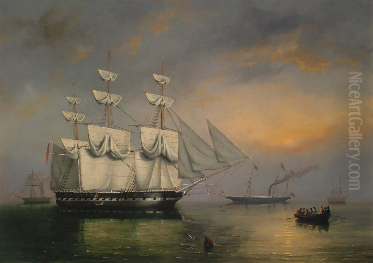 The Royal YachtFairywith Queen Victoria on board, making her way through ships of the fleet anchored in Spithead Oil Painting by Philip John Ouless