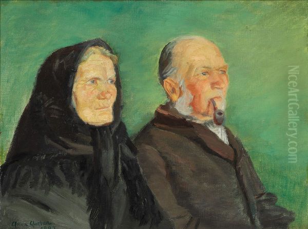 A golden jubilee couple from Skagen against a green backdrop. Oil Painting by Anna Ancher