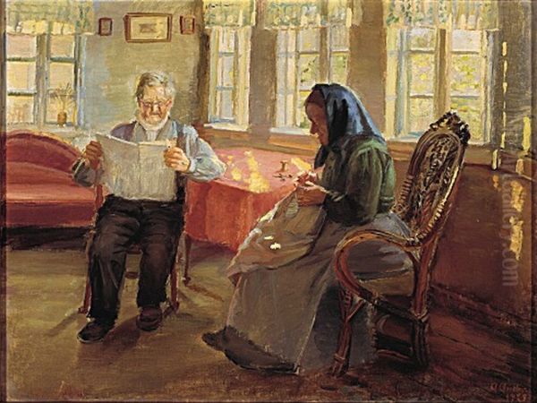 The newspaper is being studied. Oil Painting by Anna Ancher