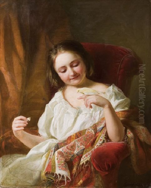 Little Girl with Canary Oil Painting by Alajos Gyorgyi Giergl