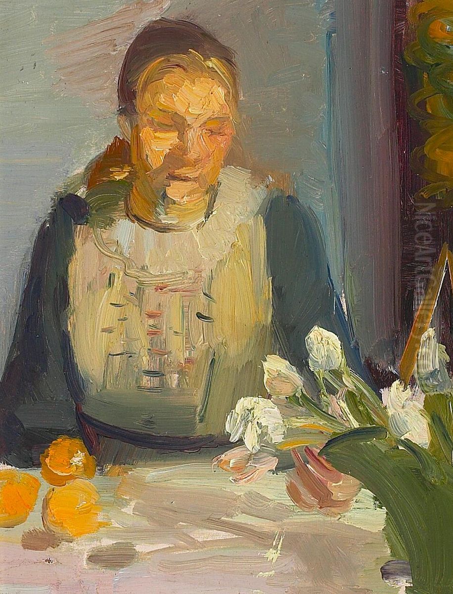 Portraet af Maren Brems siddende ved et solbelyst bord med hvide og lyserode tulipaner i gron vase. Oil Painting by Anna Ancher