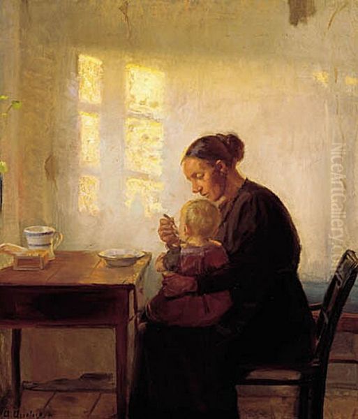 A mother with her child in a sunlit room. Oil Painting by Anna Ancher