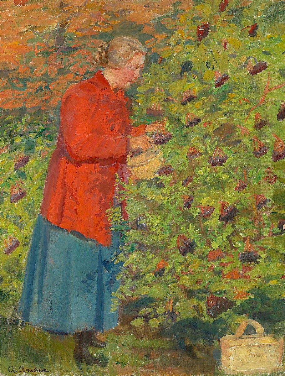 Helga Ancher plukker hyldebaer. Oil Painting by Anna Ancher