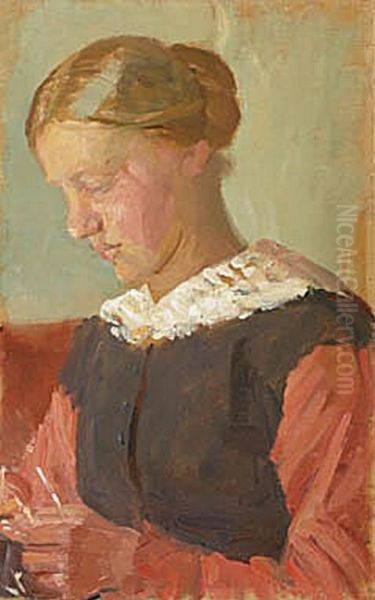 A seated young woman with her hair up. Oil Painting by Anna Ancher