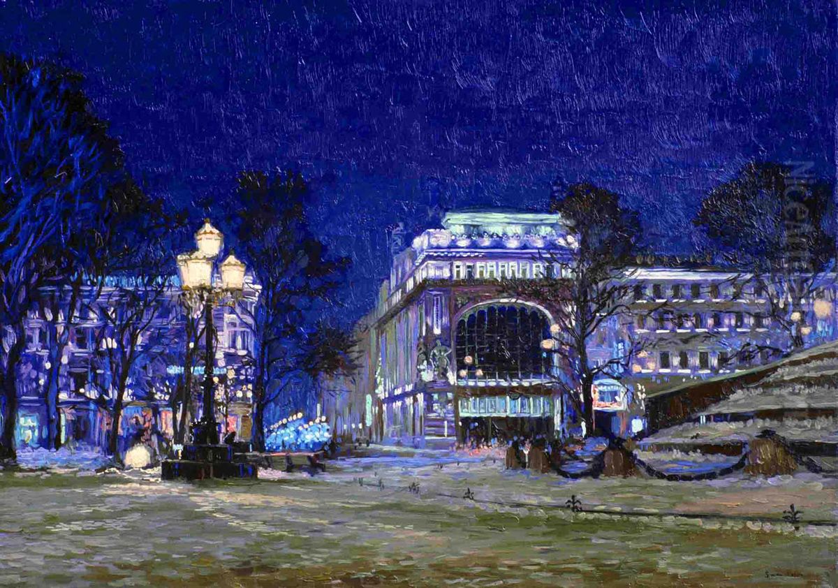 St. Petersburg. Yilbasi Gecesi. Yeliseyevsky magazasi. Canvas, yag. 25 x 35 cm. Oil Painting by Simon Kozhin