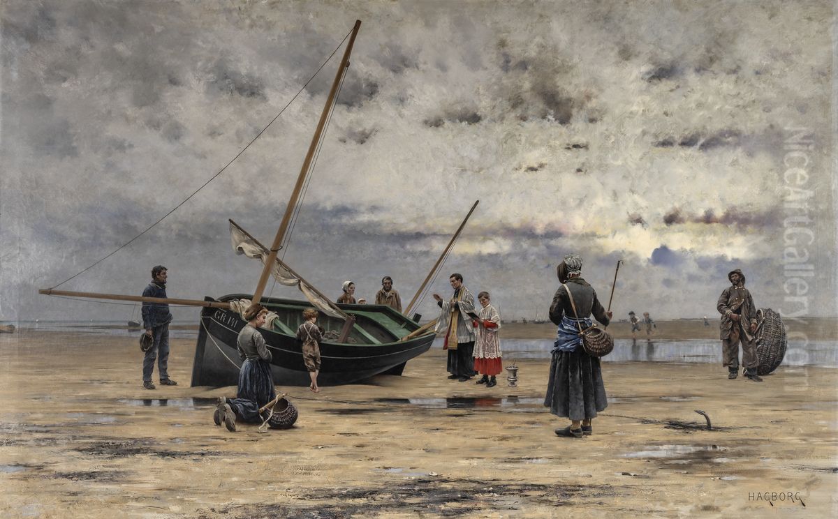 Blessing of a Fishing Boat Oil Painting by August Hagborg