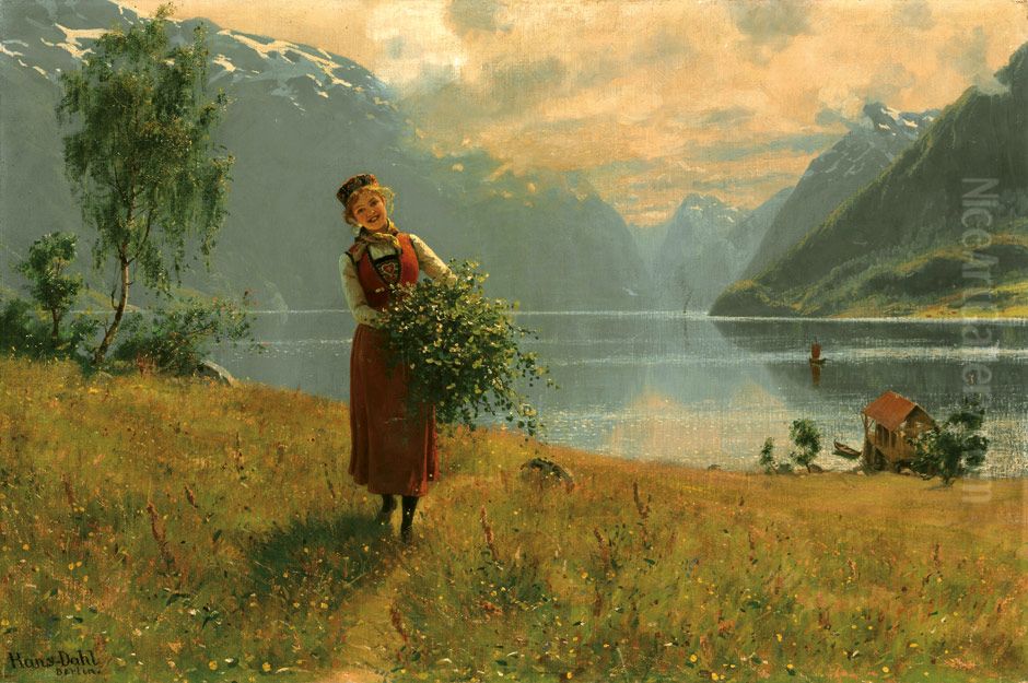Junges Madchen mit Birkenzweigen vor einem norwegischen Fjord. Oil Painting by Hans Dahl
