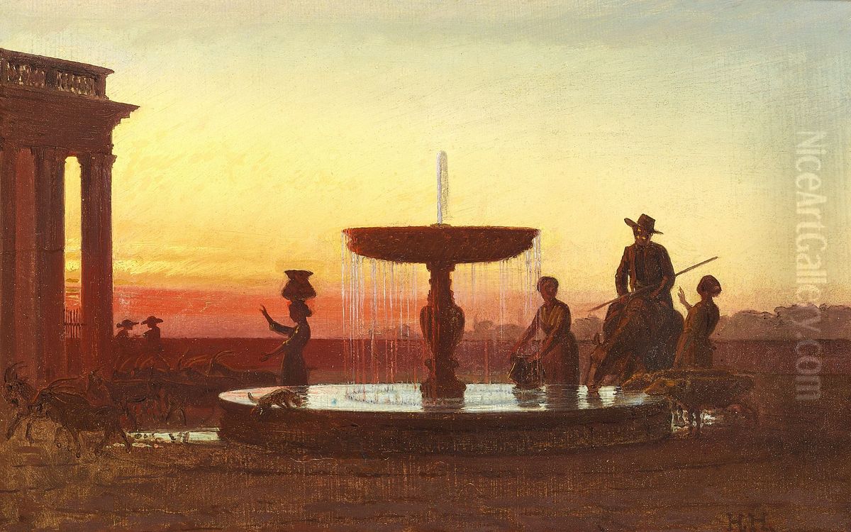 Evening scene with people at a well in Ariccia, Italy. Oil Painting by Hans Jorgen Hammer