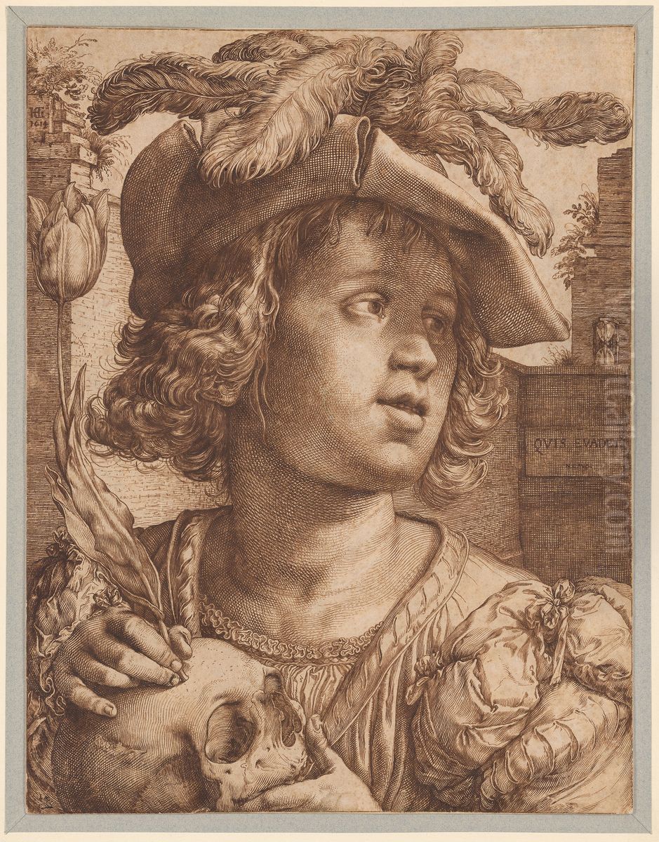 Young Man Holding a Skull and a Tulip Oil Painting by Goltzius Hendrick