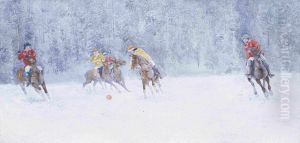 Le jeu de polo. St. Moritz. La Suisse. Aquarelle sur papier. 50 x 86 cm