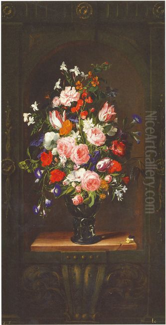Flowers in a glass vase in a decorated niche Oil Painting by Daniel Seghers