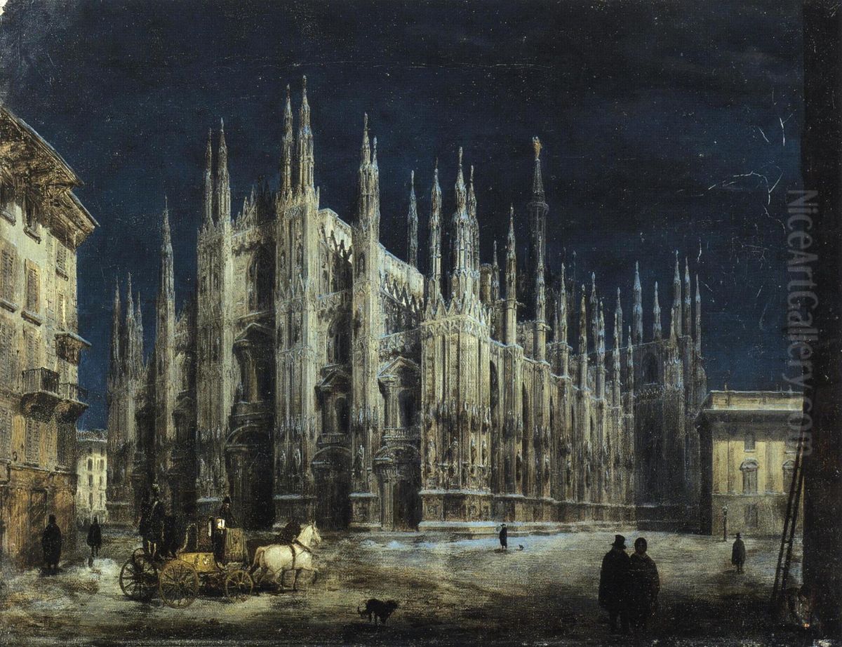 Notturno di Piazza del Duomo a Milano Oil Painting by Angelo Inganni