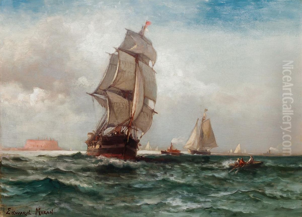 Shipping off Governors Island, New York Oil Painting by Edward Moran