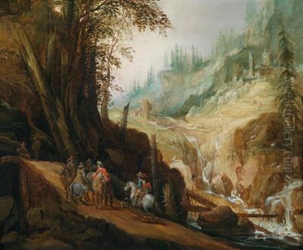 Rocky landscape with riders Oil Painting by Philips de Momper (I)