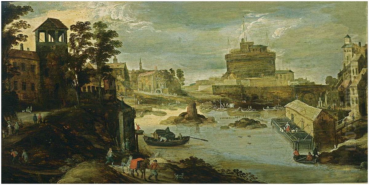 A view of the Castel Sant'Angelo, the Ponte d'Angelo and the Tiber in the foreground Oil Painting by Philips de Momper (I)