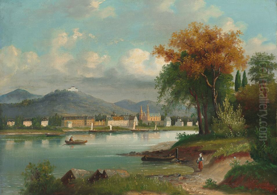 Blick uber Flusslauf auf eine Residenzstadt und Schlosshugel. Oil Painting by Anton Pick