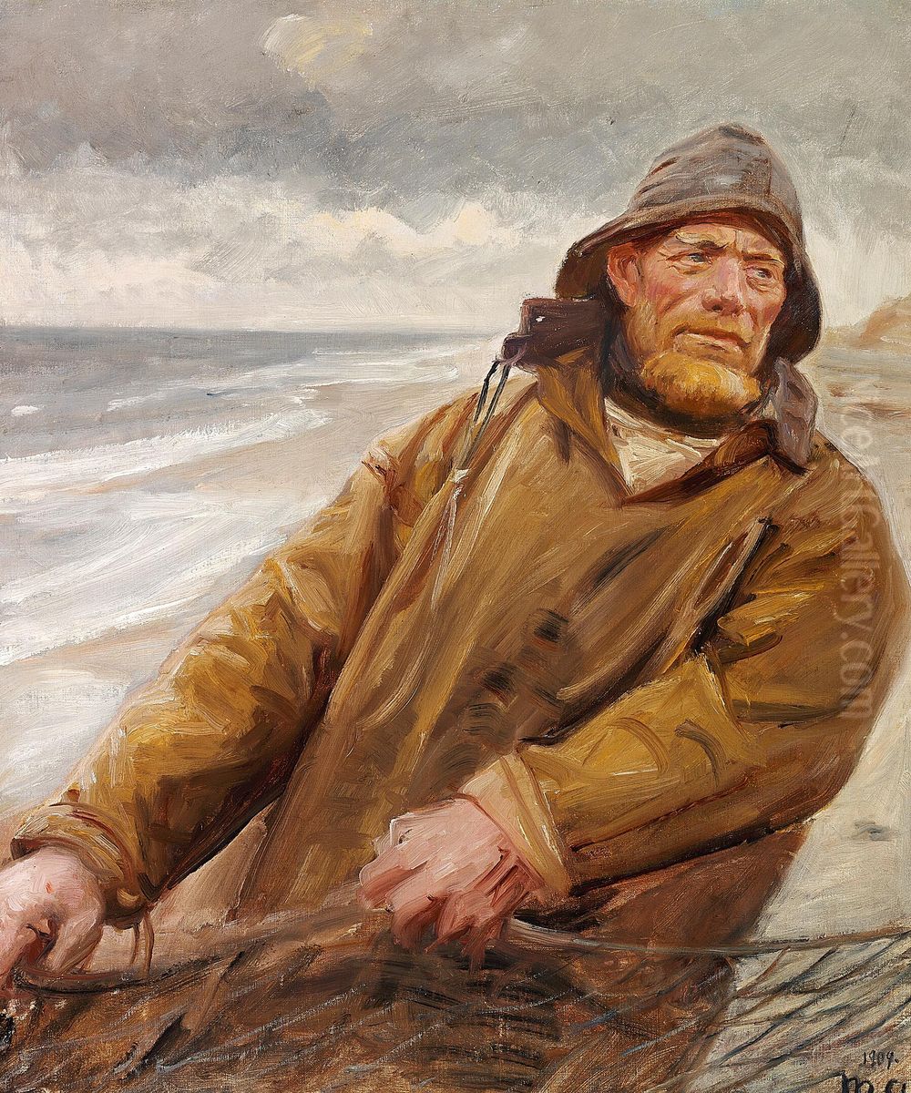 En fisker traekker vod ved Skagen. Oil Painting by Michael Peter Ancher