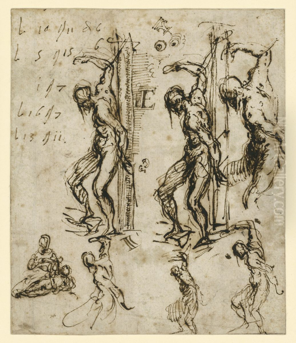 Six Sketches of Saint Sebastian and a Madonna and Child (Polyptych Averoldi) Oil Painting by Titian