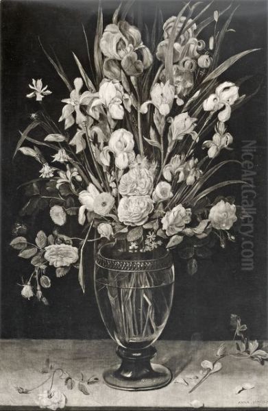 Still life of flowers in a glass vase Oil Painting by Anna Maria Janssens