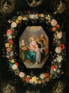A garland of flowers around a medaillon with the Holy Family and a music making angel, on top and in the corners God the Father and the Four Evangelists en grisaille