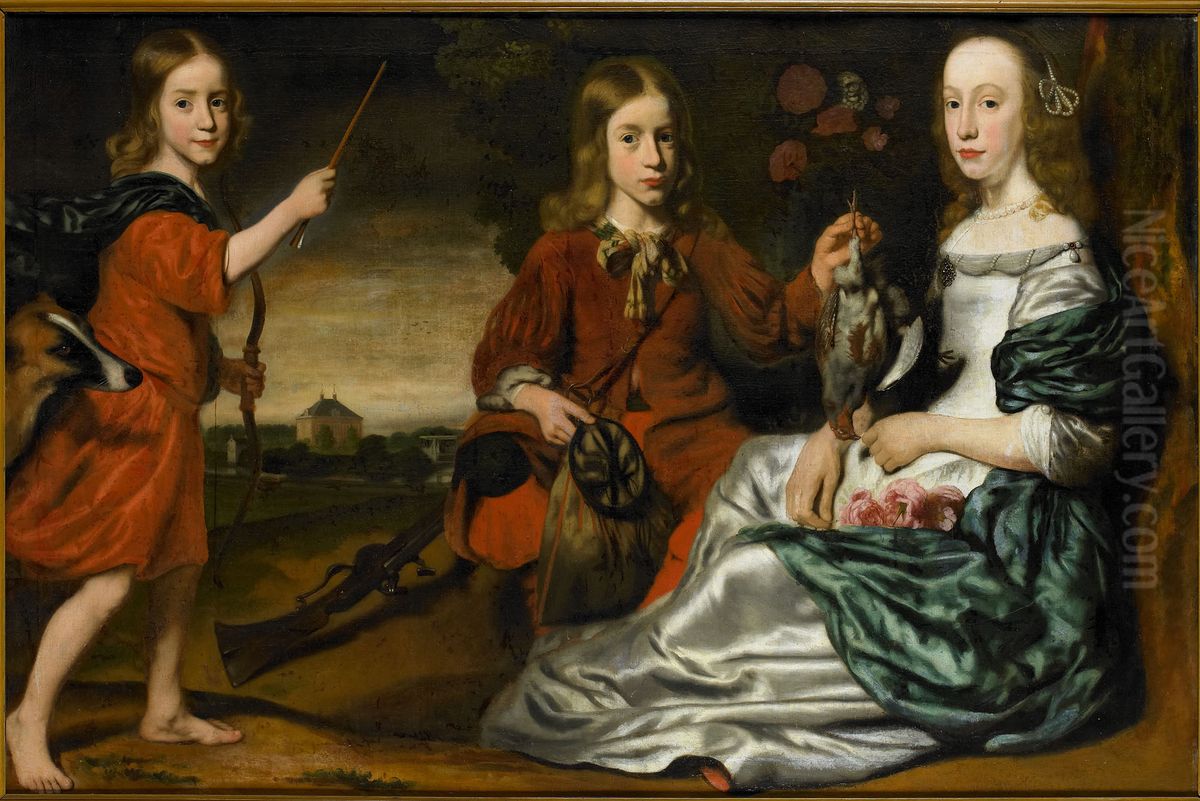 Group portrait of a young woman and two boys, dressed as hunters, in a landscape Oil Painting by Nicolaes Maes