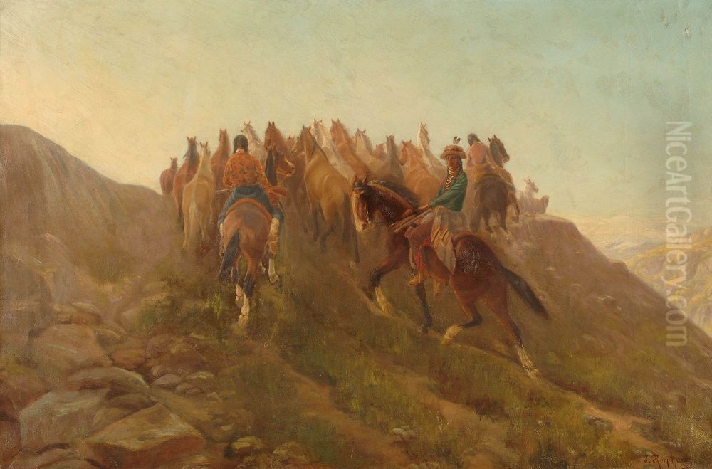 Landscape with Horse Herd Oil Painting by Julius Rorphuro
