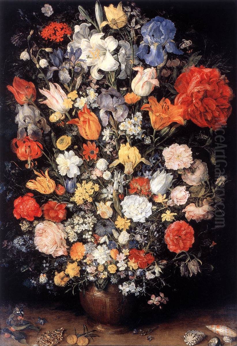 Vase of Flowers with Jewellery, Coins and Shells Oil Painting by Jan Brughel