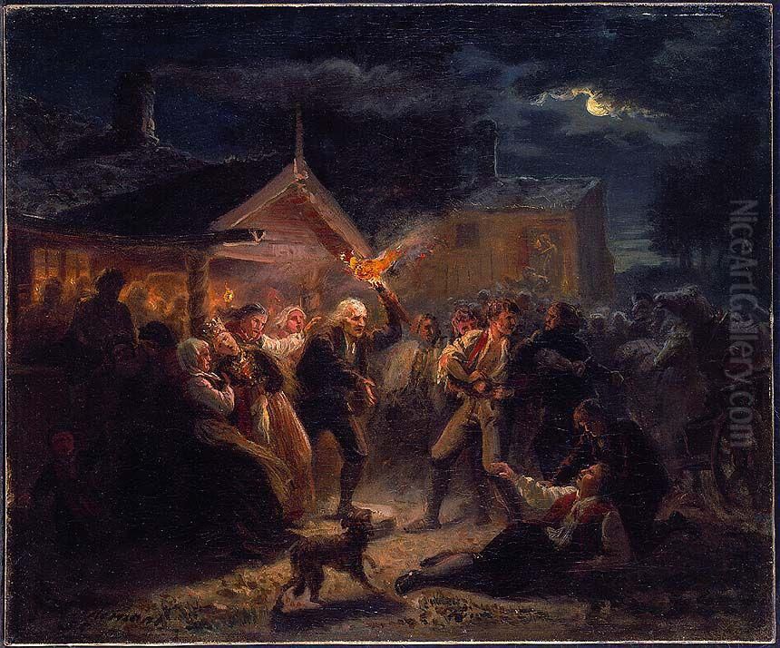 Fight at a Norwegian country Wedding Oil Painting by Adolph Tidemand