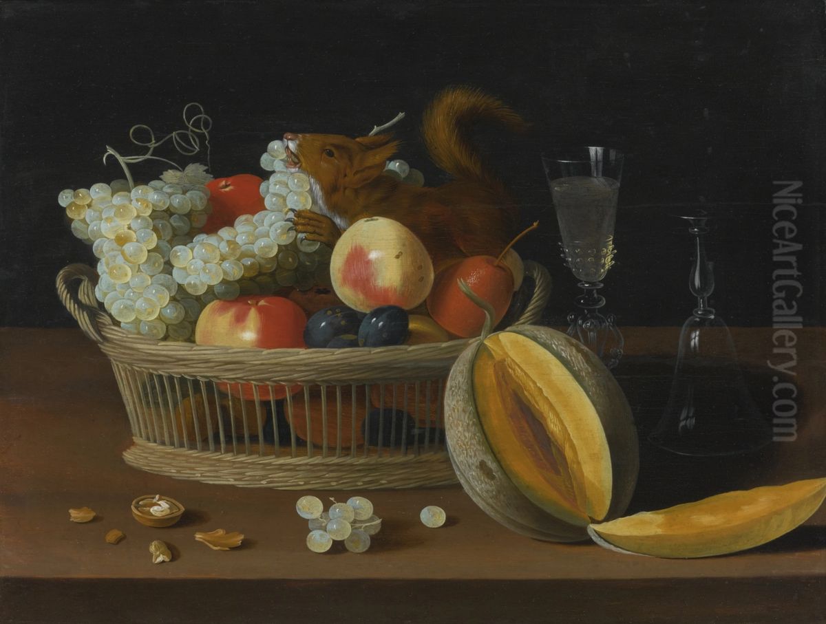 Still life with a basket of fruit and a squirrel, glasses, and a cut melon on a tabletop Oil Painting by Jacob van Es