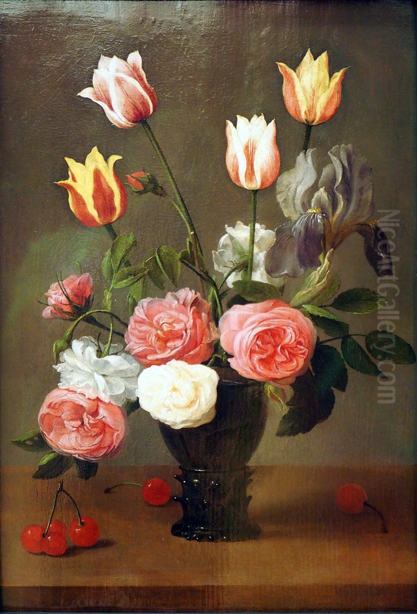 Bloemstilleven van tulpen en rozen in een roemer Oil Painting by Jacob van Es