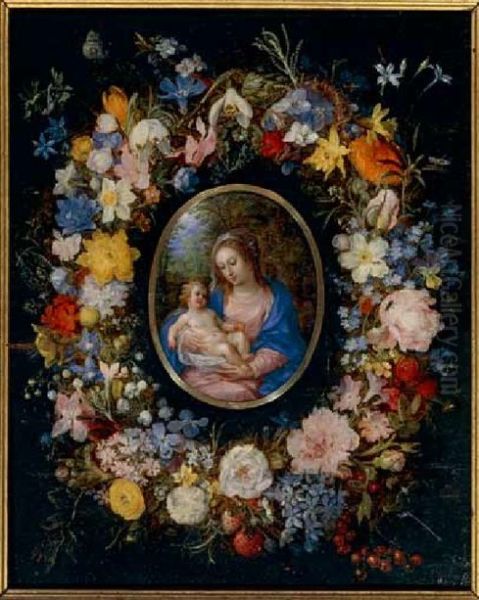 Virgin and Child in a Garland of Flowers Oil Painting by Jan Brueghel the Elder