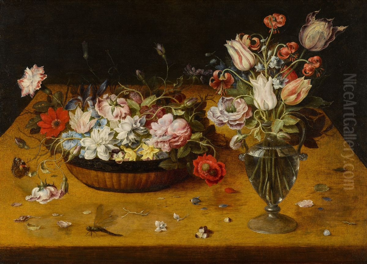 Still life with roses, tulips, carnations and other flowers in a Chinese lacquer basket and in a glass vase on a ledge Oil Painting by Osias Beert