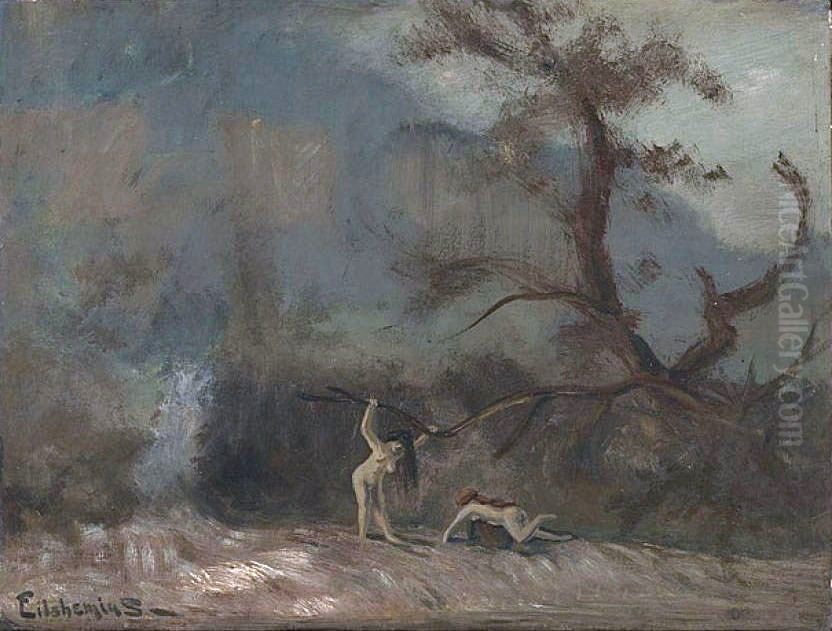 Two Nudes In Landscape Oil Painting by Louis Eilshemius