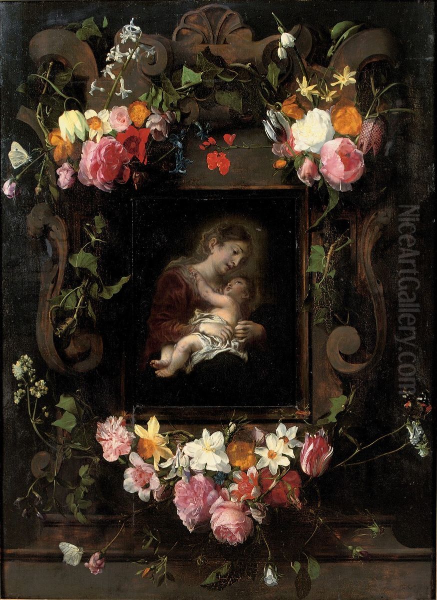 Steinkartusche mit Blumen und der Madonna mit dem Kind. Oil Painting by Daniel Seghers