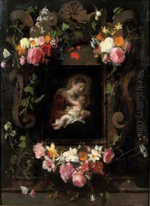Steinkartusche mit Blumen und der Madonna mit dem Kind.