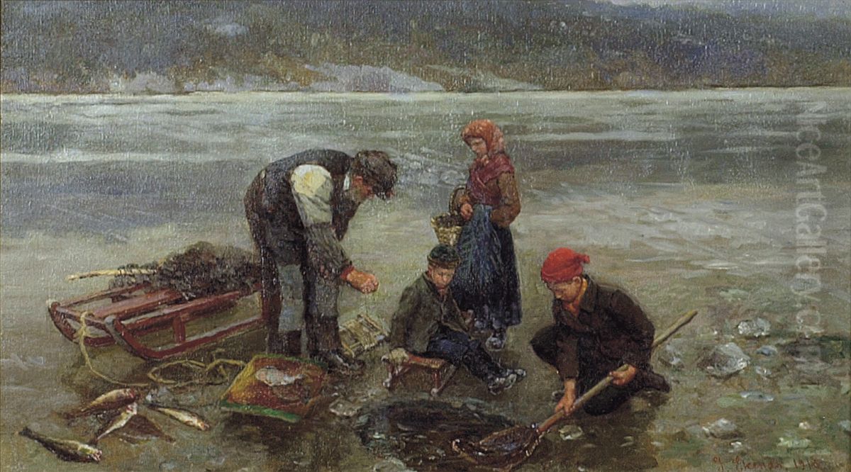 Isfiske (1916) Oil Painting by Jahn Ekenaes