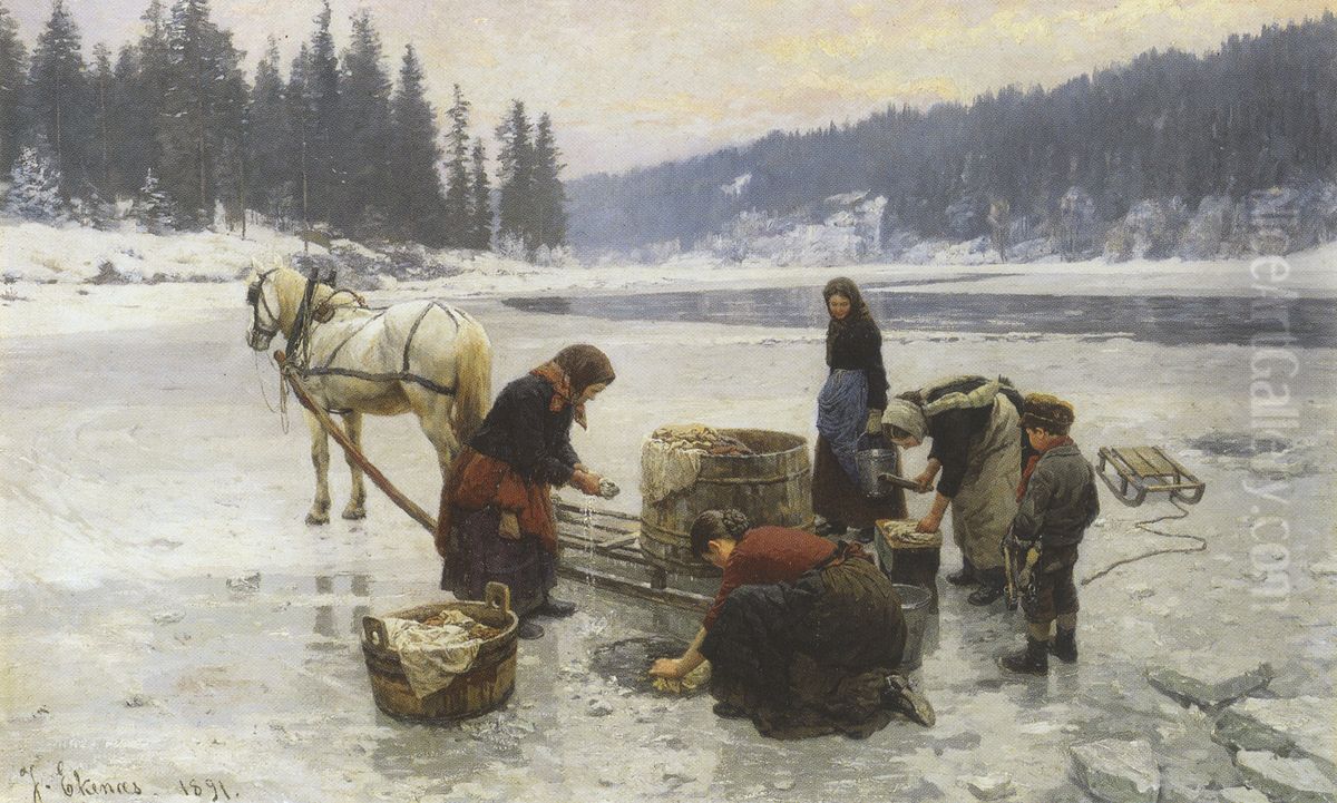 Klesvask pa islagt vann Oil Painting by Jahn Ekenaes