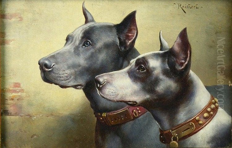 Pair of Doggen (Great Danes) Oil Painting by Carl Reichert Pair of Doggen (Great Danes) Oil Painting by Carl Reichert