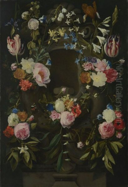 Sculpted cartouche addorned with flowers Oil Painting by Daniel Seghers