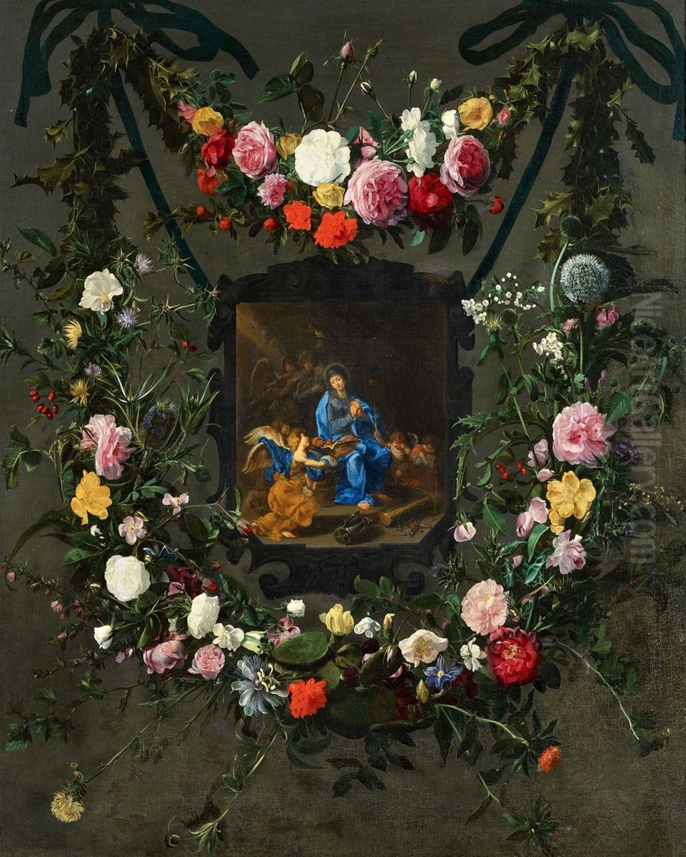 A garland of flowers surrounding a medallion of the Virgin in prayer Oil Painting by Simon de Vos