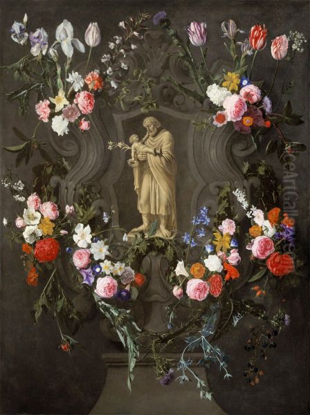 Floral decorations around a niche with St. Joseph and the Christ child Oil Painting by Daniel Seghers