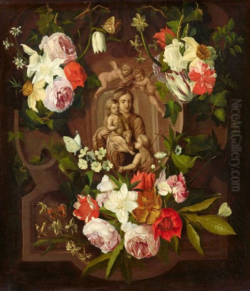 The Virgin and Child with John the Baptist in a Floral Cartouche Oil Painting by Daniel Seghers