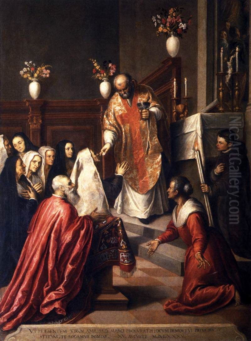 Pasquale Cicogna Hearing Mass Celebrated in the Oratory of the Crociferi Oil Painting by Palma il Giovane
