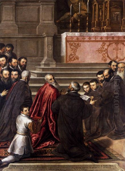 Pasquale Cicogna in the Church of the Crociferi Receives News of His Election to the Dogeship Oil Painting by Palma il Giovane