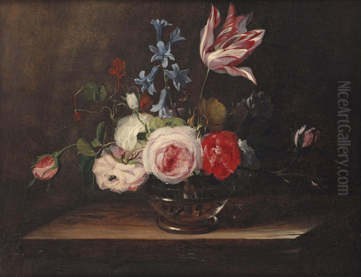 Roses, a tulip, and bluebells in a glass vase, on a wooden ledge Oil Painting by Jan van den Hecke