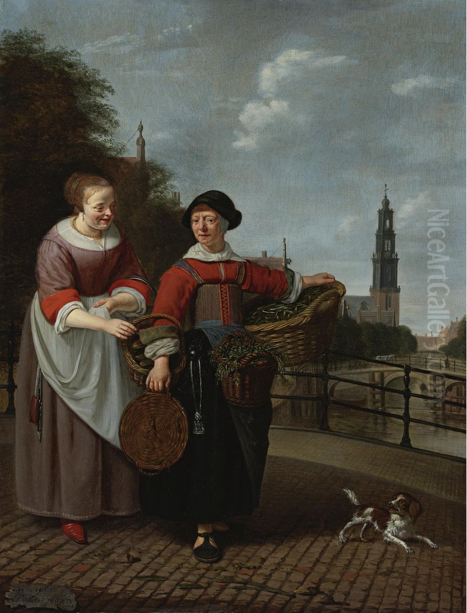 A female vegetable seller and a housewife at the Eenhoornsluis in Amsterdam, in the background the Westertoren Oil Painting by Michiel van Musscher