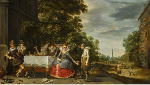 Elegant company on a terrace Oil Painting by Adam van Breen