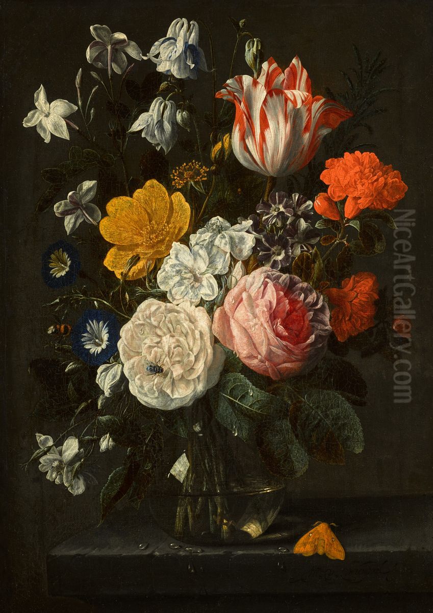 Still life of roses, tulips, Spanish jasmine, morning glories, carnations and other flowers in a glass vase on a ledge Oil Painting by Nicolaes Van Verendael