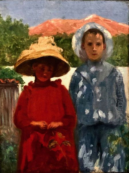 Retrato dos filhos do pintor Oil Painting by Antonio Carneiro