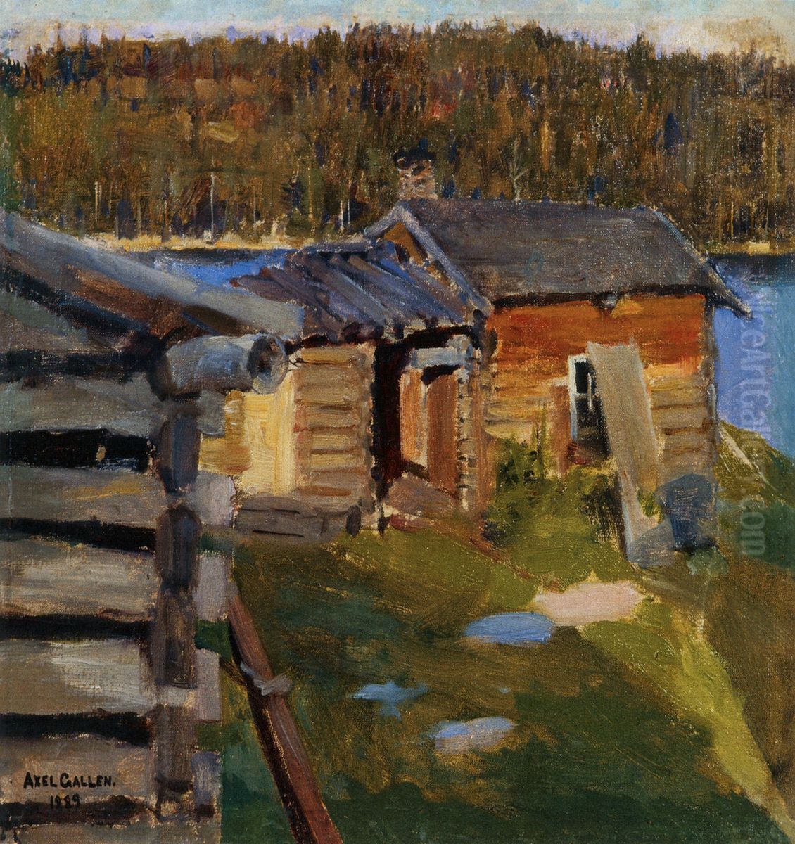the ekola croft in evening sunlight Oil Painting by Akseli Valdemar Gallen-Kallela